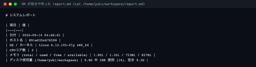 VM が自分で作った report.md の内容